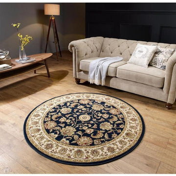 Kendra 3330 B Traditional Persian Classic Floral Vine Bordered Durable Easy-Care Low Profile Short Pile Navy Blue Round Rug-Melrose-Rug Love - The Most Loved Rug Store
